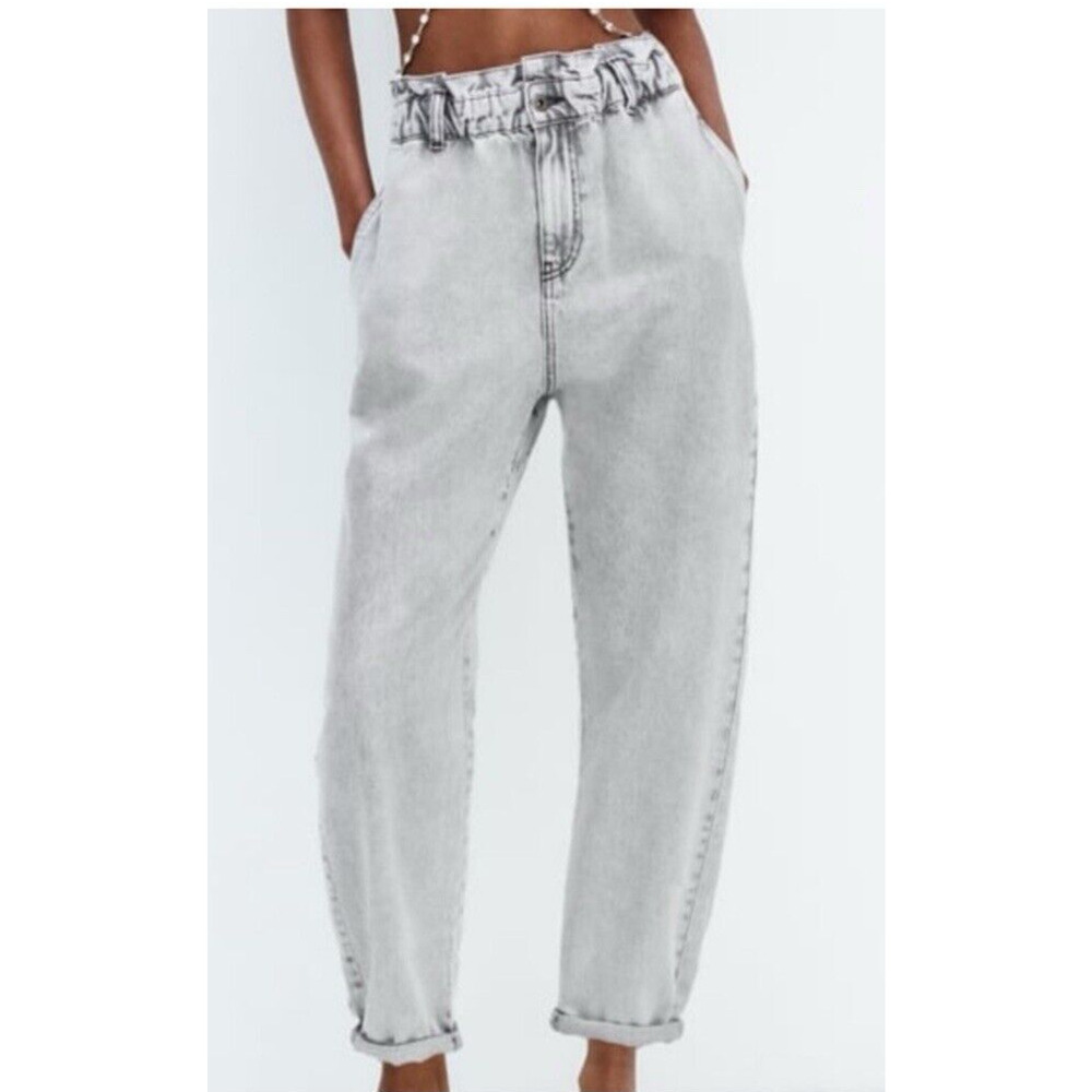 Zara Light Grey Paperbag Waist Cropped Jeans